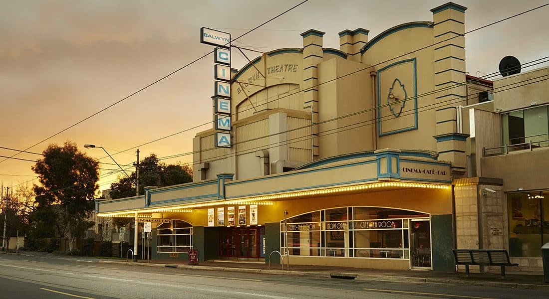 The Art Deco Balwyn Cinema facade lit at sunset, Melbourne