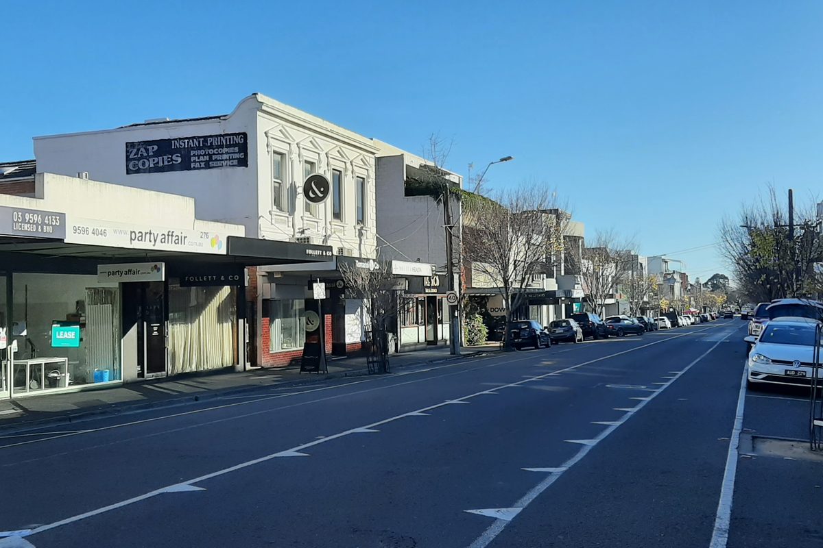 Shopfronts along a retail street in Brighton, Melbourne