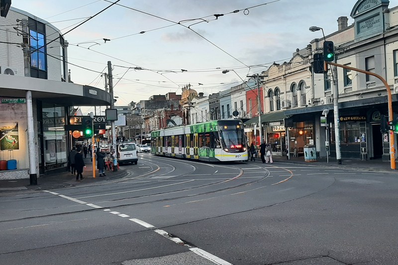 A tram at the corner of Smith Street and Gertrude Street in Collingwood, Melbourne