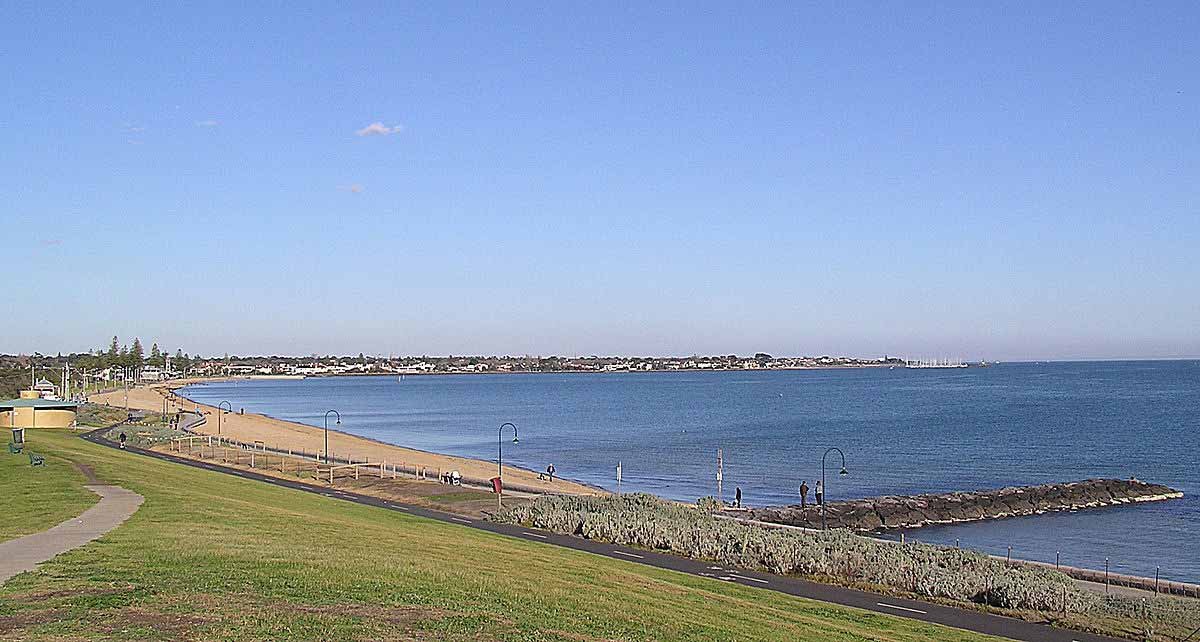 Elwood foreshore and beach on Port Phillip Bay with the city skyline in the distance