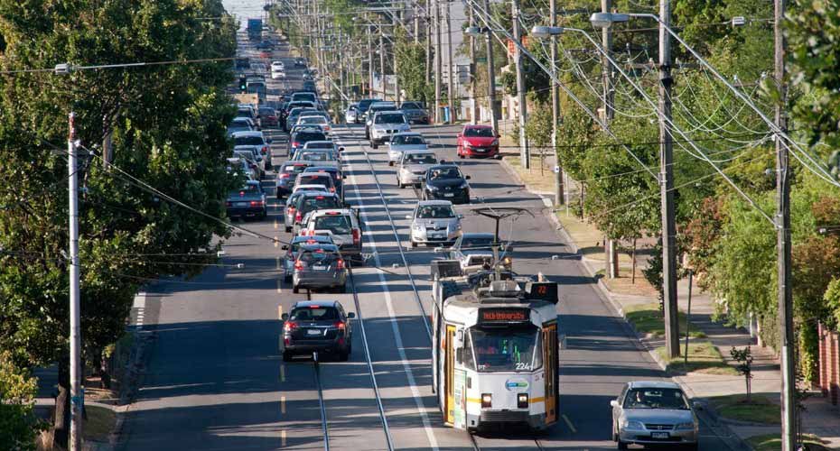A tram and cars on a busy tree-lined road in Glen Iris, Melbourne