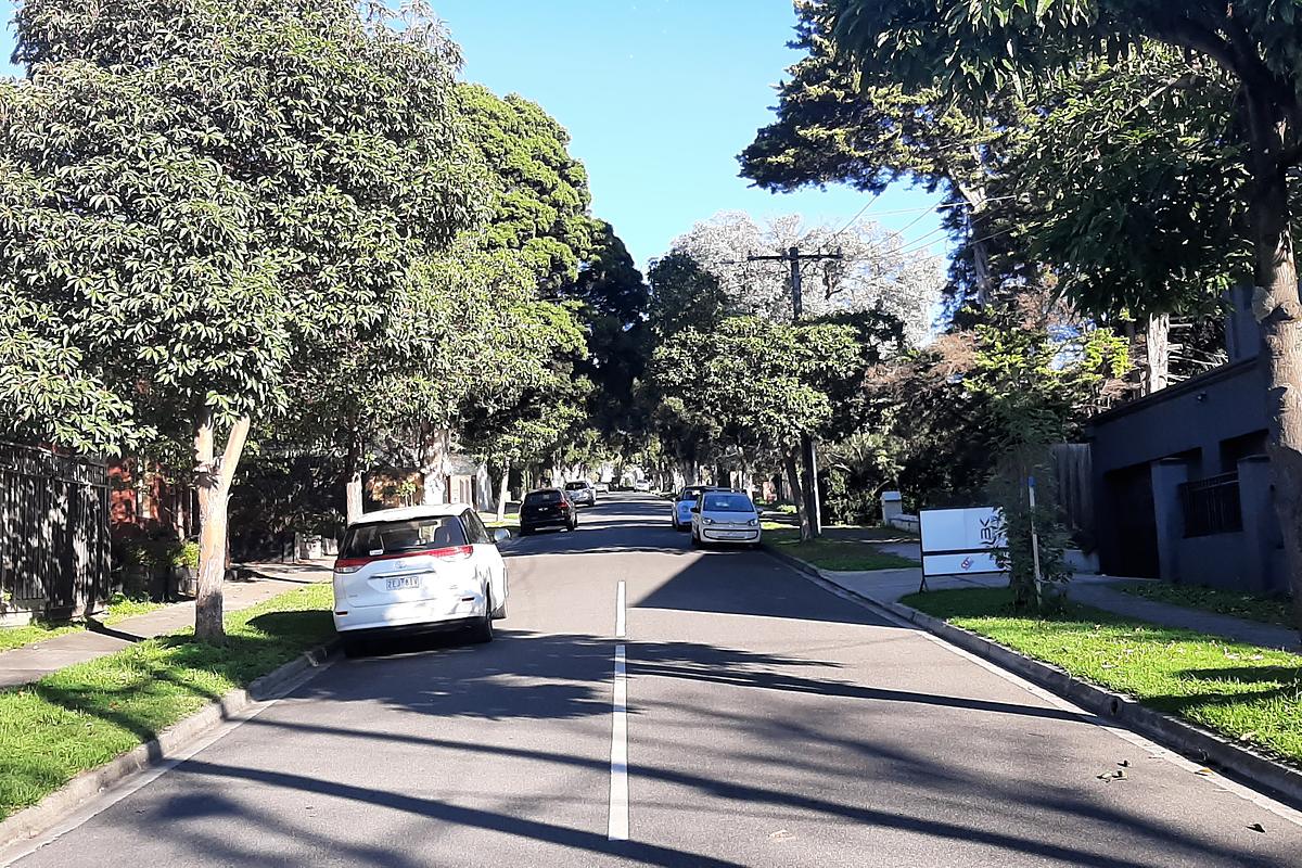 Leafy tree-lined residential street in Kew East, Melbourne