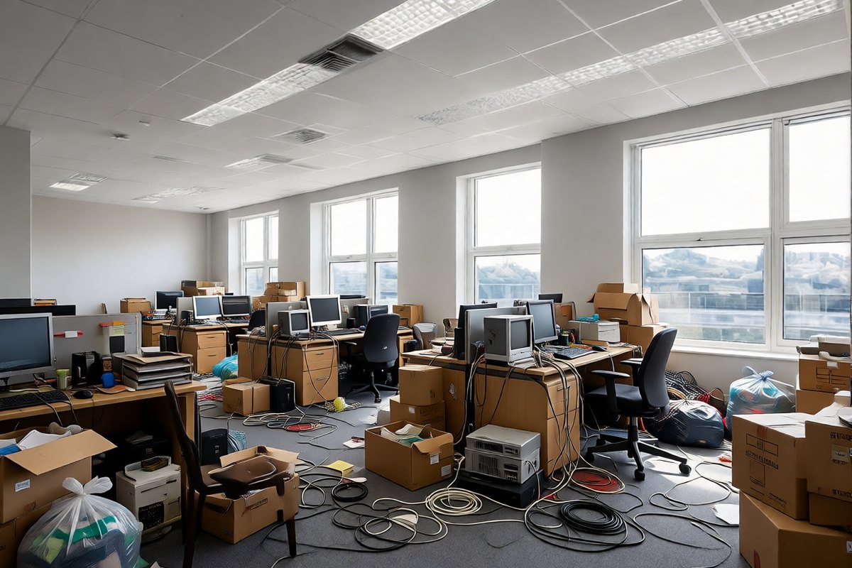Office cluttered with old desks, e-waste and boxes before a commercial clearout
