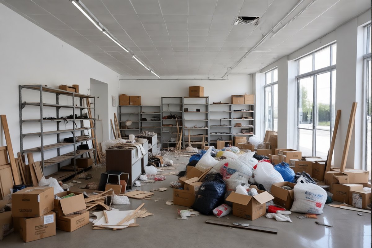 Retail shop full of dismantled shelving and fit-out waste before a strip-out