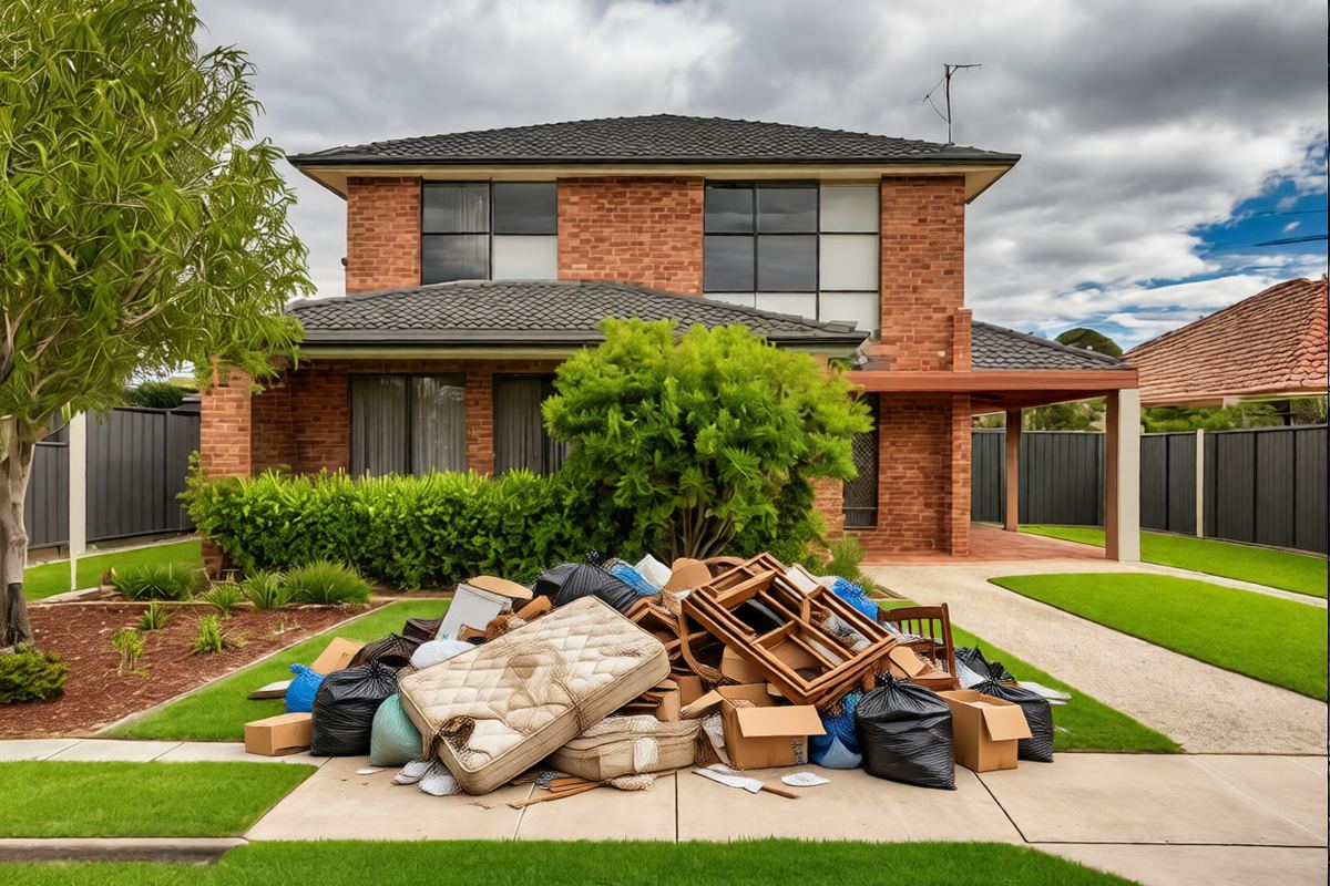 Pile of hard rubbish, a mattress and boxes dumped on a Melbourne nature strip before collection