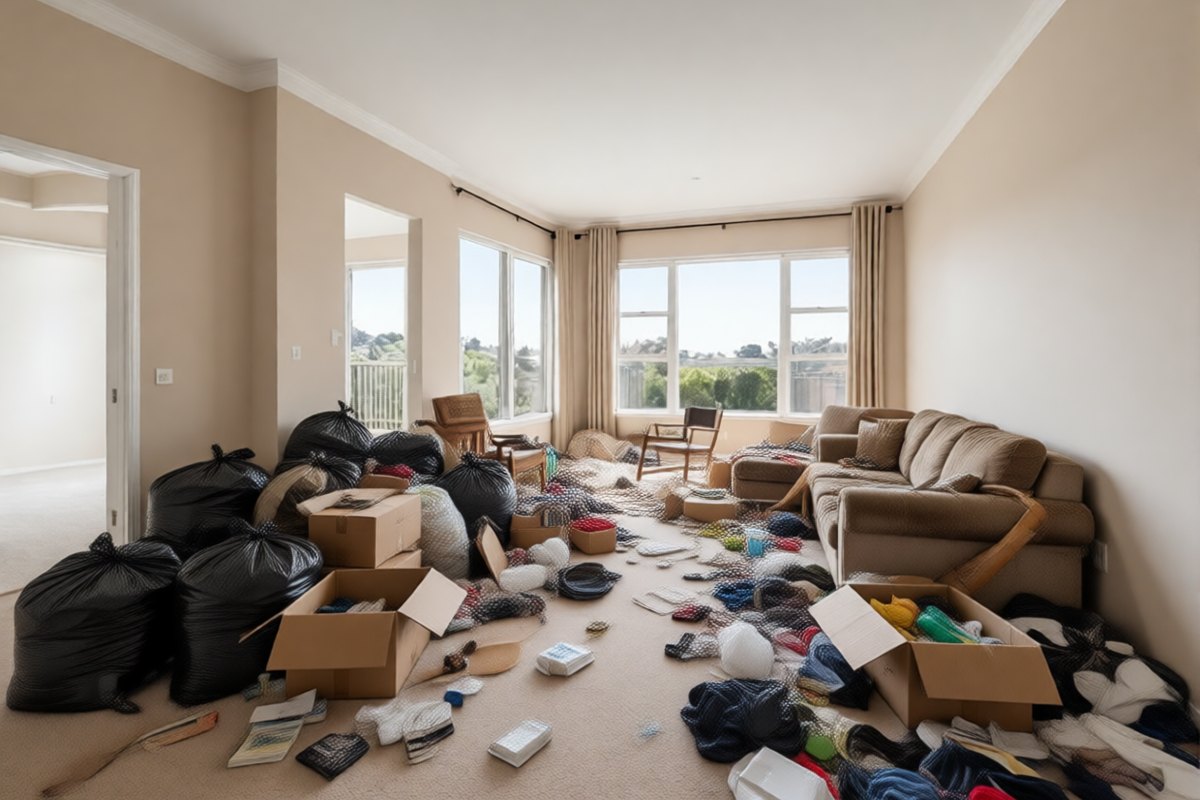 Living room cluttered with bagged rubbish, boxes and old furniture before household rubbish removal