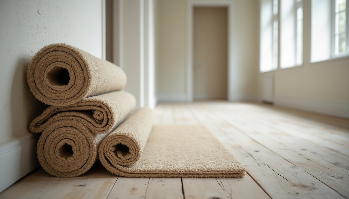 Rolls of old carpet ready for removal in Melbourne