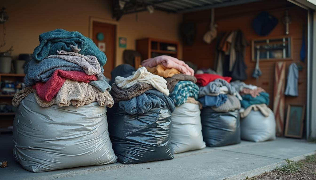 Folded old linen and textiles ready for removal and donation in Melbourne