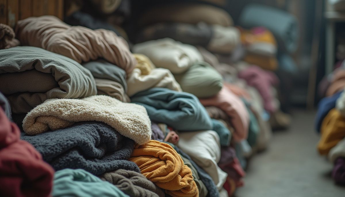 Folded old clothing and linen ready for removal and donation in Melbourne