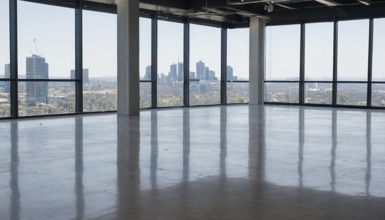 Clean, empty modern commercial floor with a Melbourne city view, cleared and ready for business