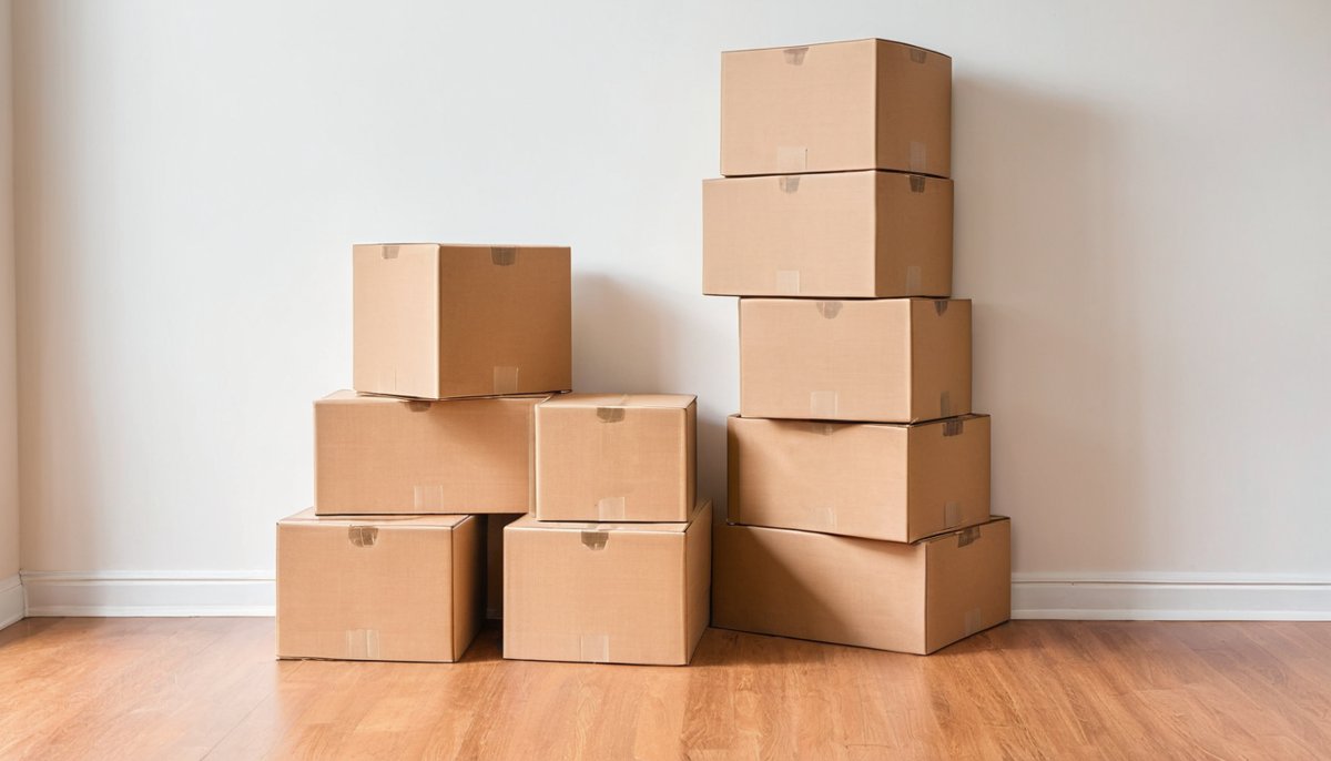 Household belongings neatly boxed and stacked during a deceased estate clearance