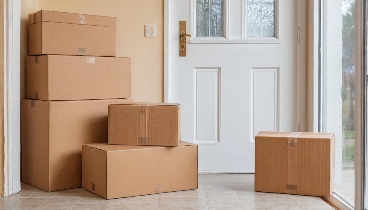 Cartons of sorted belongings by the door, ready for donation or removal