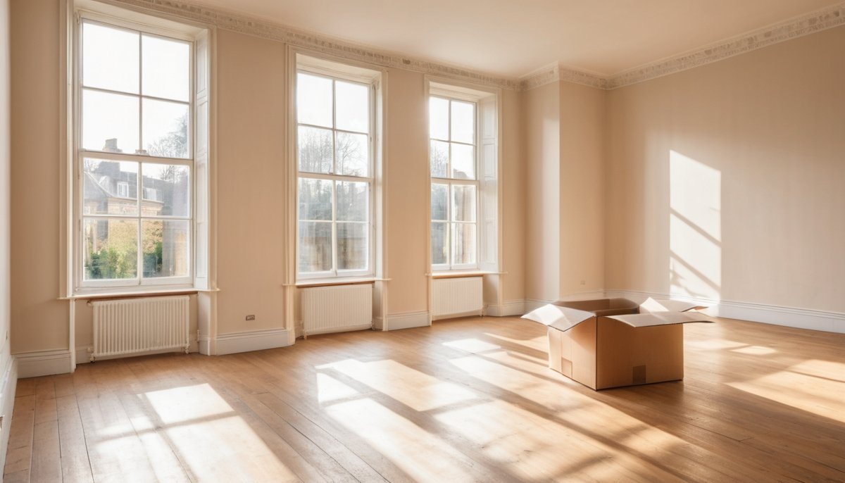 Sunlit room cleared and left calm and tidy after a whole-home clearance