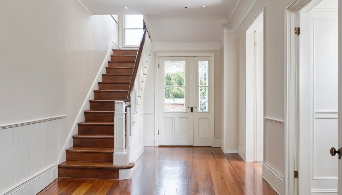Light-filled entrance hallway and timber staircase of a cleared Melbourne period home