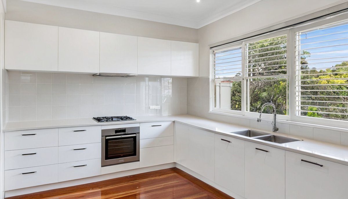 Tidy, emptied kitchen left ready for sale after a deceased estate cleanout