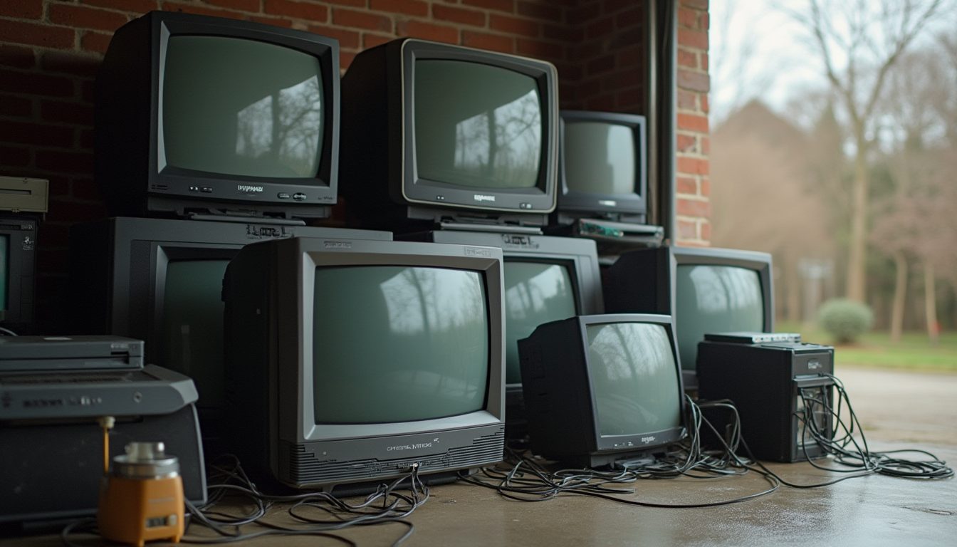Old computers, monitors and electronics lined up for e-waste recycling in Melbourne