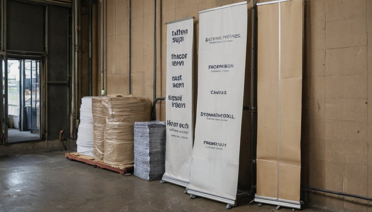 Leftover event signage and roll-up banners stacked for removal