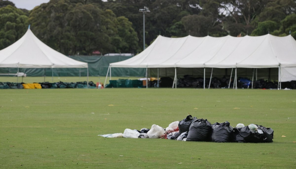 Park after a public event with marquees and bags of rubbish to clear