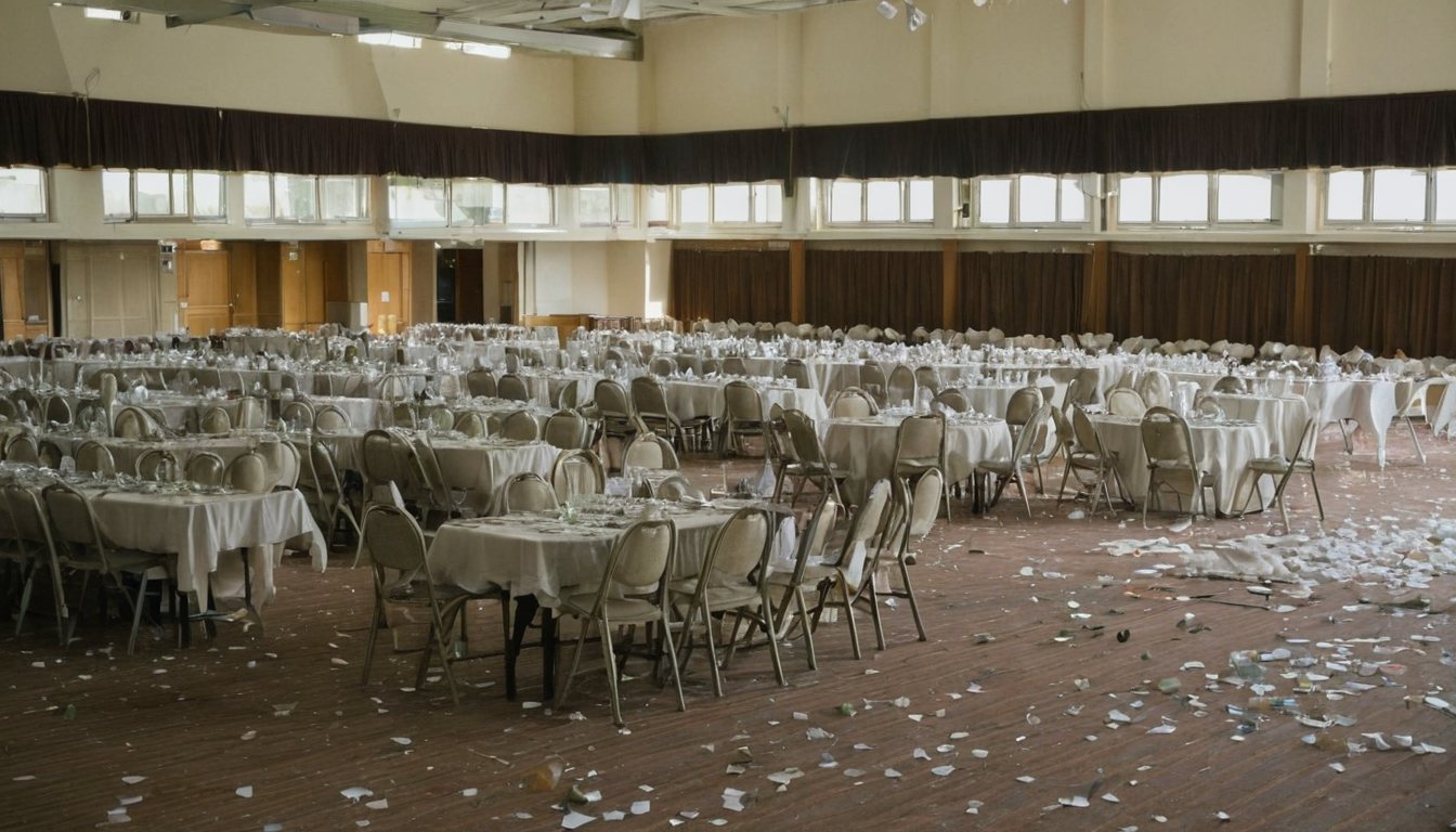 Function hall after an event with tables and scattered waste, ready for clean-up in Melbourne