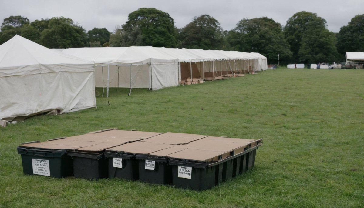Outdoor festival site after pack-down with marquees and bins on the grass