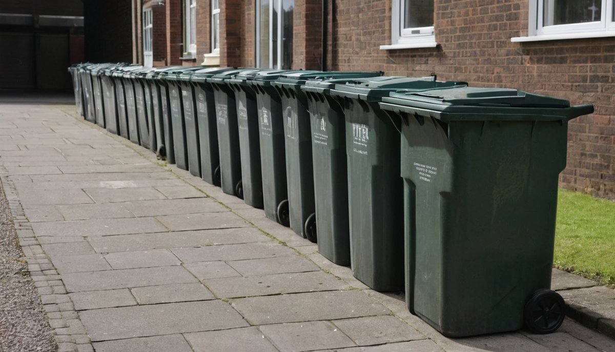 Row of wheelie bins filled with bottles, cans and packaging after a function