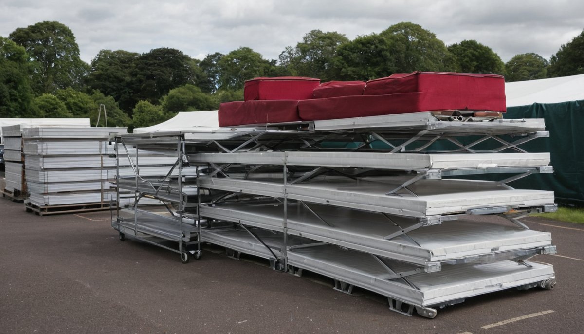 Stacked marquee frames and event staging packed down for removal