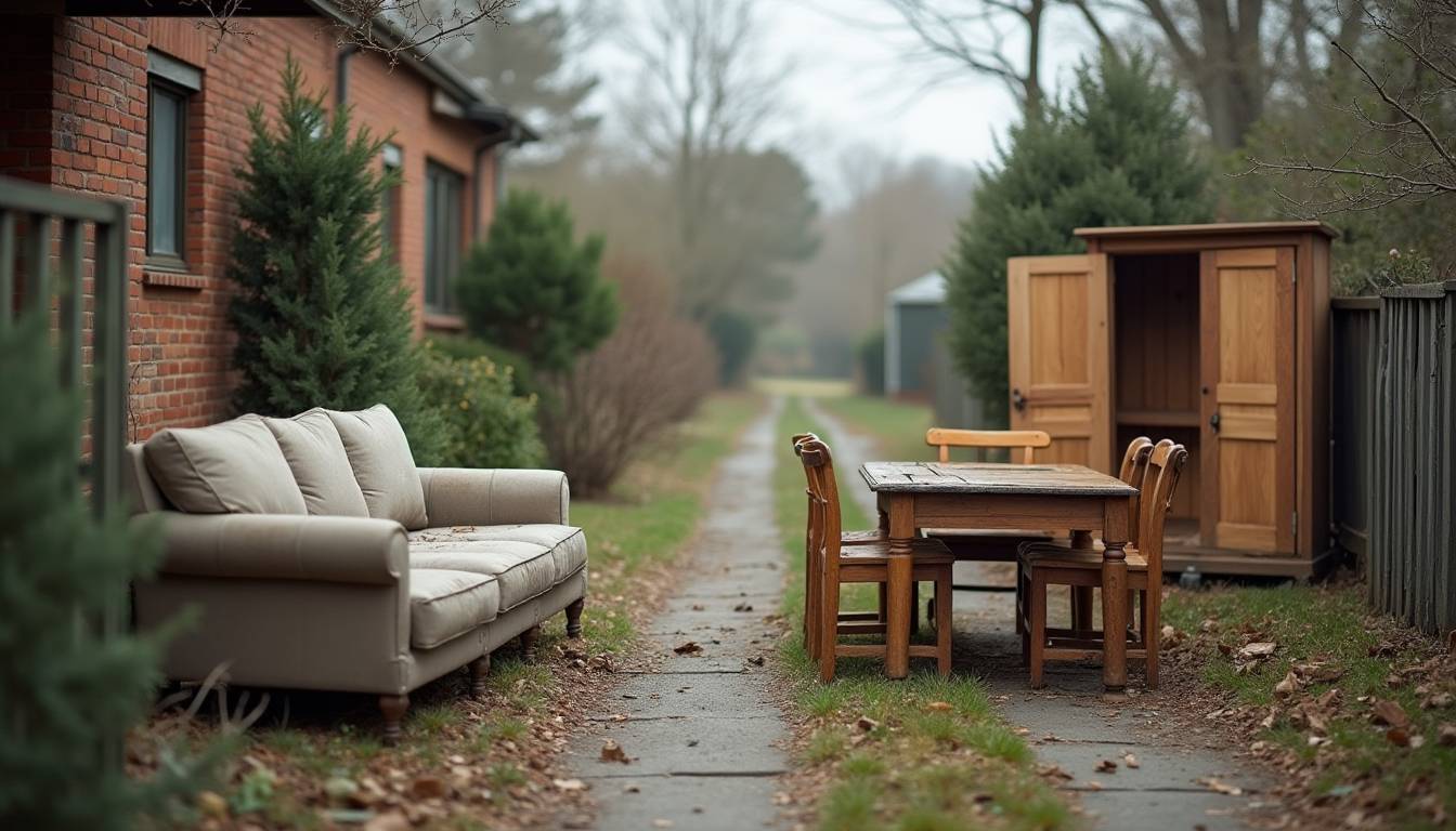 Assorted old furniture including a wardrobe, armchair, side table and sofa ready for furniture disposal in Melbourne