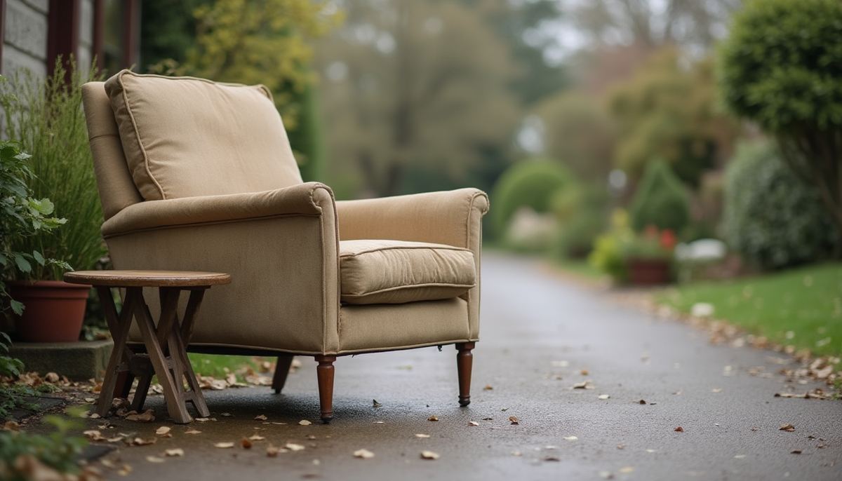 An old striped sofa, bed bases and drawers left on a Melbourne nature strip for furniture removal
