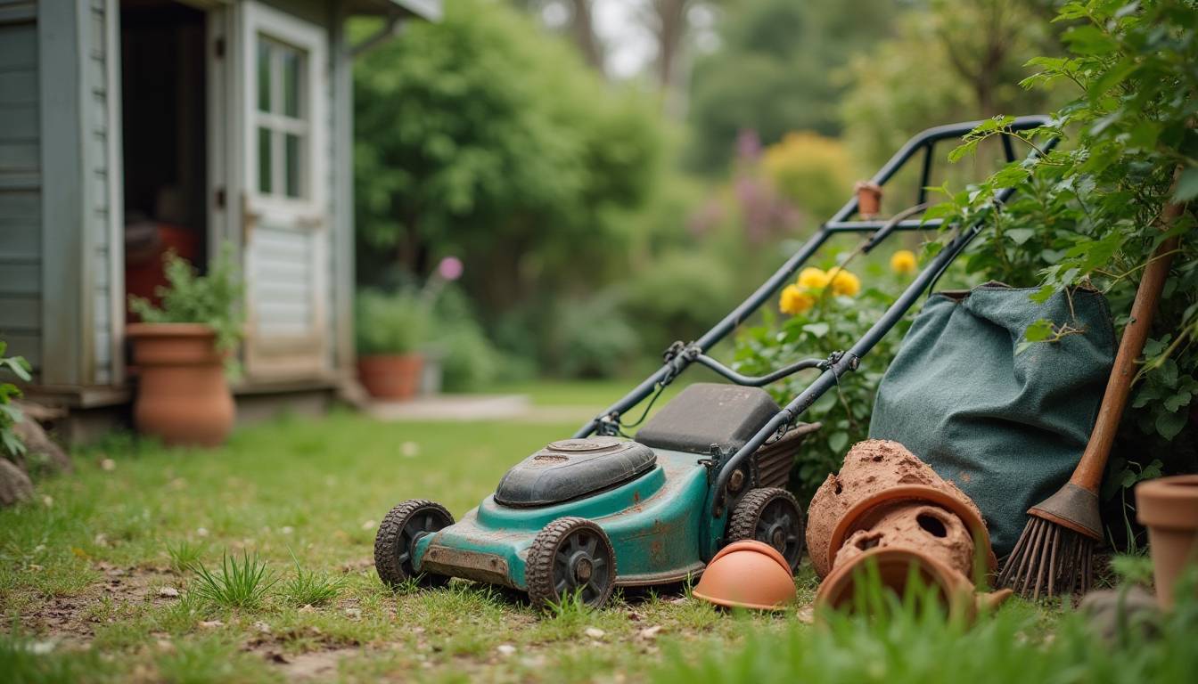 Old lawn mowers and garden equipment ready for removal in Melbourne