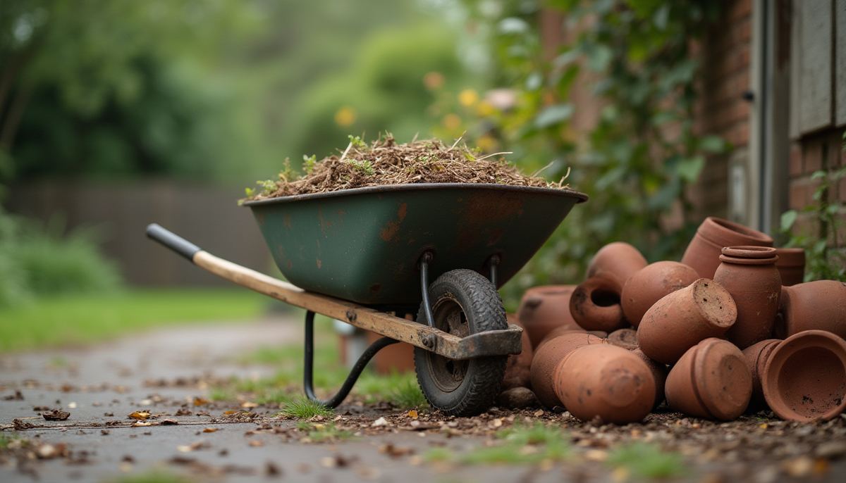 An old lawn mower and garden tools ready for removal in Melbourne