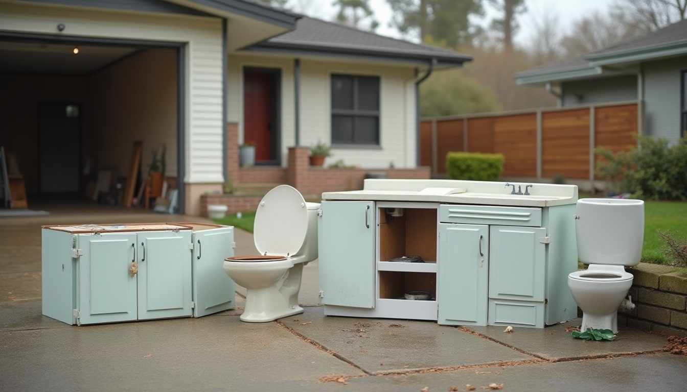 An old bathtub and bathroom fixtures ready for removal in Melbourne