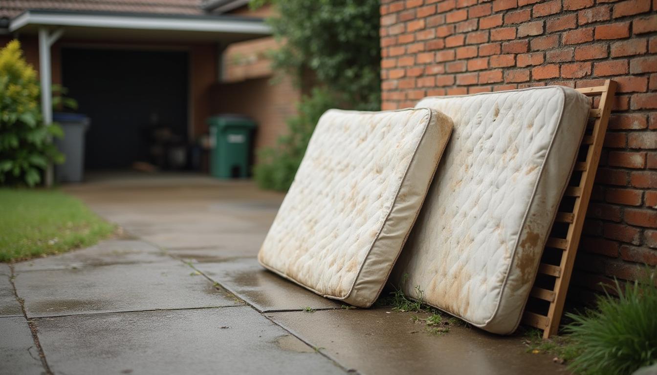 Old mattresses lined up for removal and recycling in Melbourne