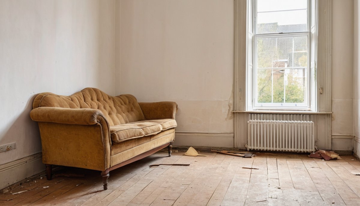 An old sofa left behind in an empty room, ready for removal after a move