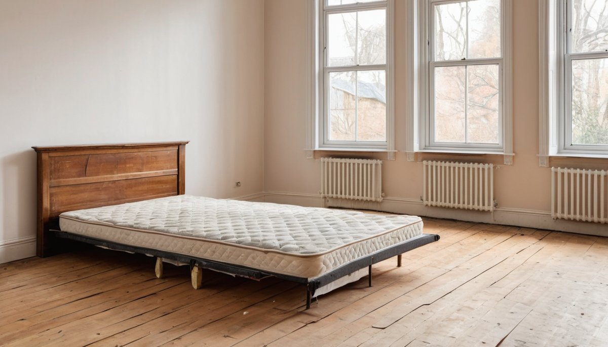 An old mattress and bed frame left in an empty bedroom for collection