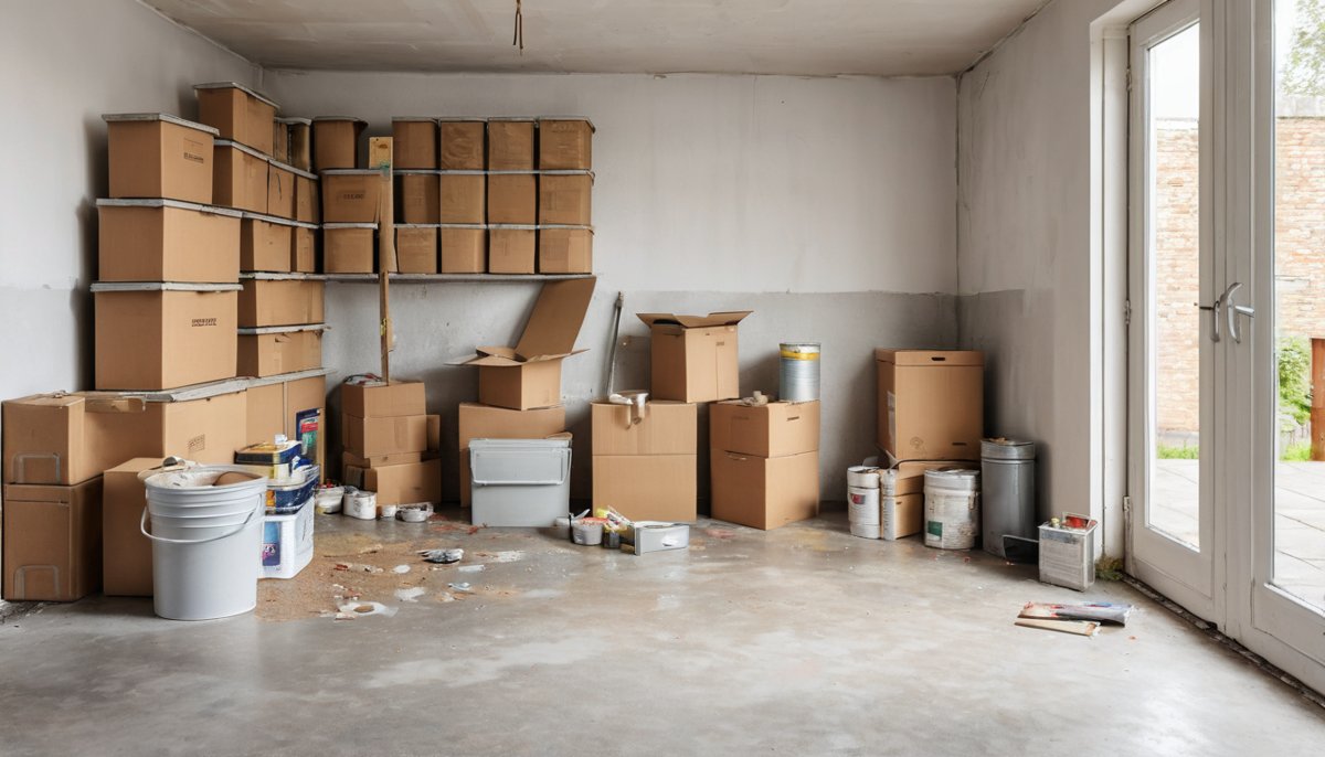 Leftover boxes, paint tins and odds and ends cleared from a garage after moving