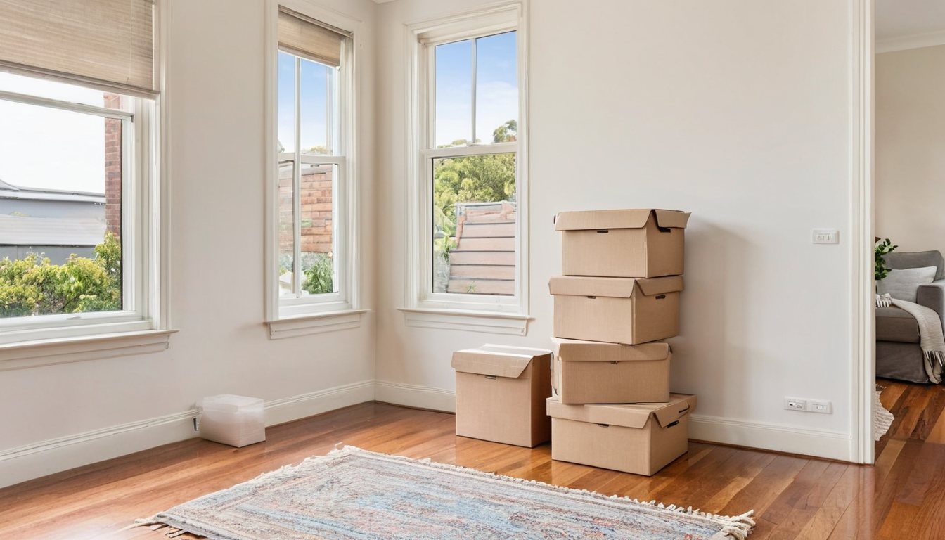 Living room on moving day with stacked moving boxes ready to load in a Melbourne home