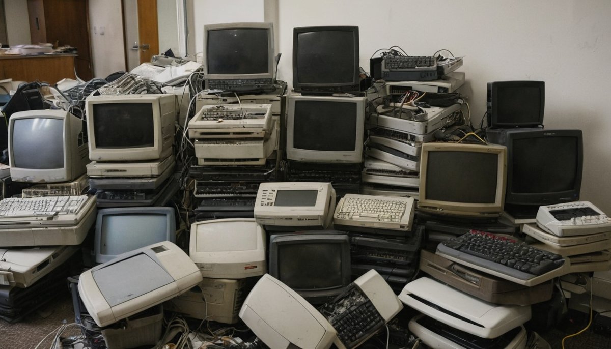 Old computers, monitors and office e-waste stacked for responsible recycling