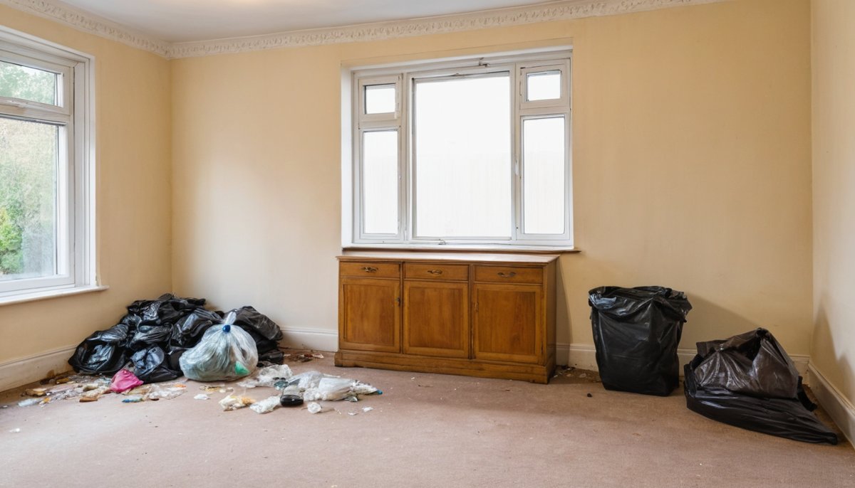 Old furniture and bags of rubbish left behind by tenants, ready to be cleared