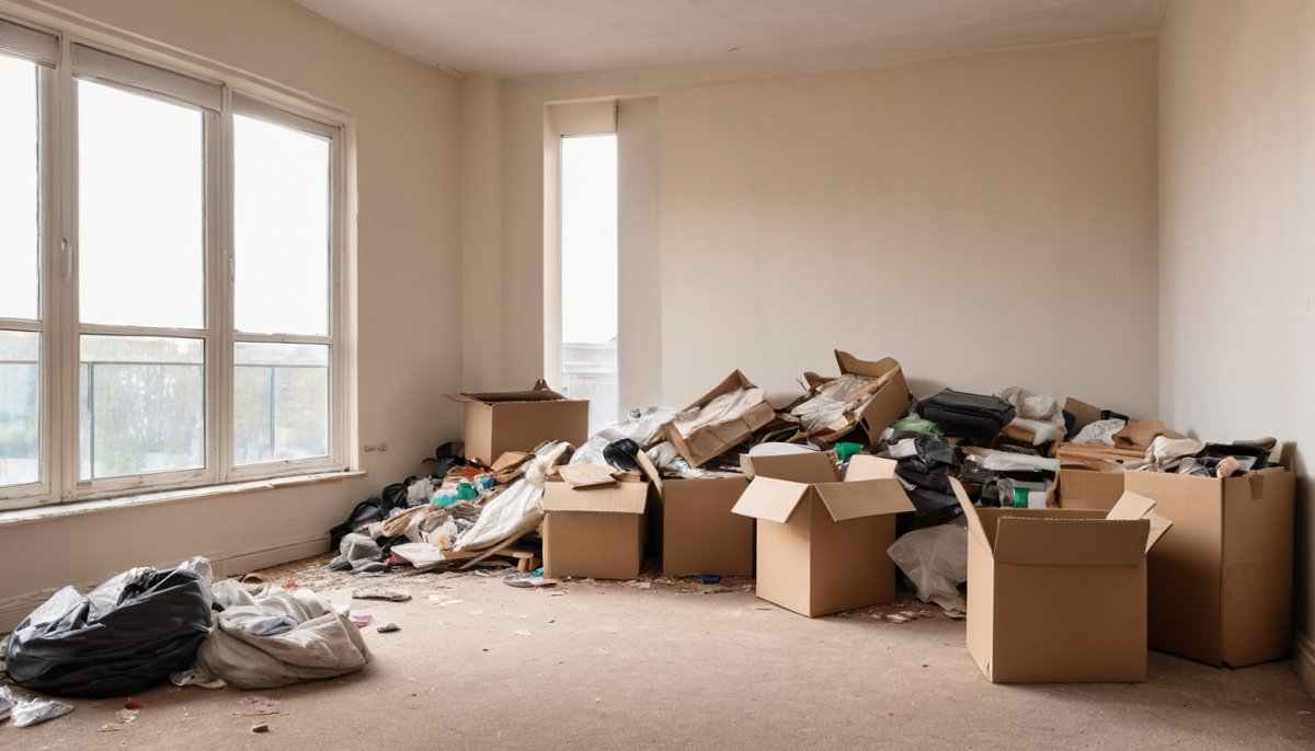 Abandoned belongings and boxes left in an empty property after a vacate