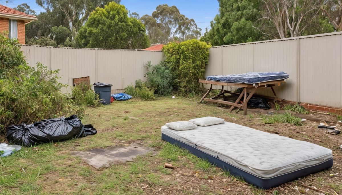 Dumped mattress, furniture and rubbish cleared from a rental property backyard