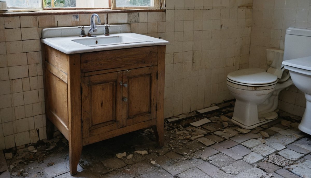 Old bathroom vanity, toilet and broken tiles removed during a renovation