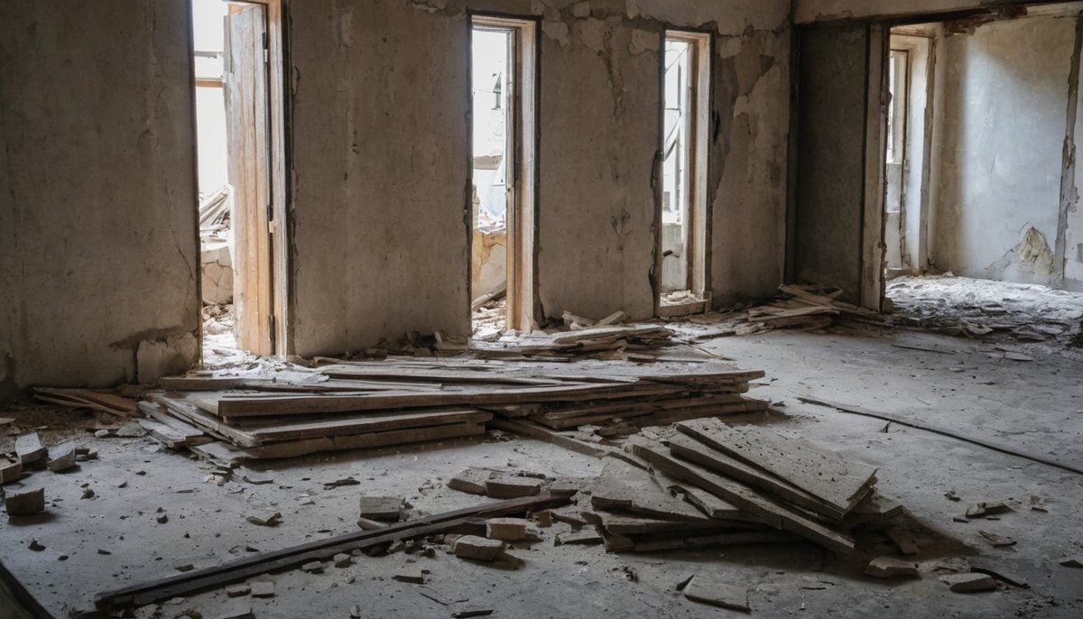 Demolished plaster and timber framing stacked in a room being renovated