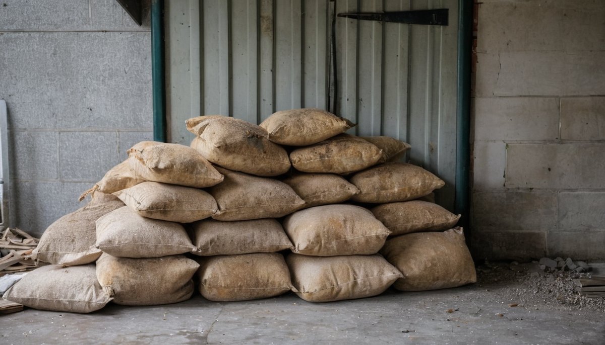 Renovation rubble bags and timber offcuts stacked ready for disposal