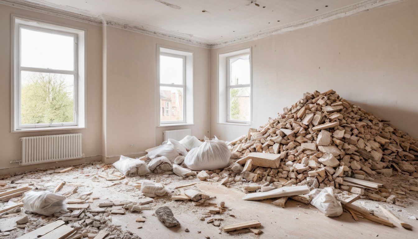 Room piled with renovation rubble and debris ready to be cleared in Melbourne