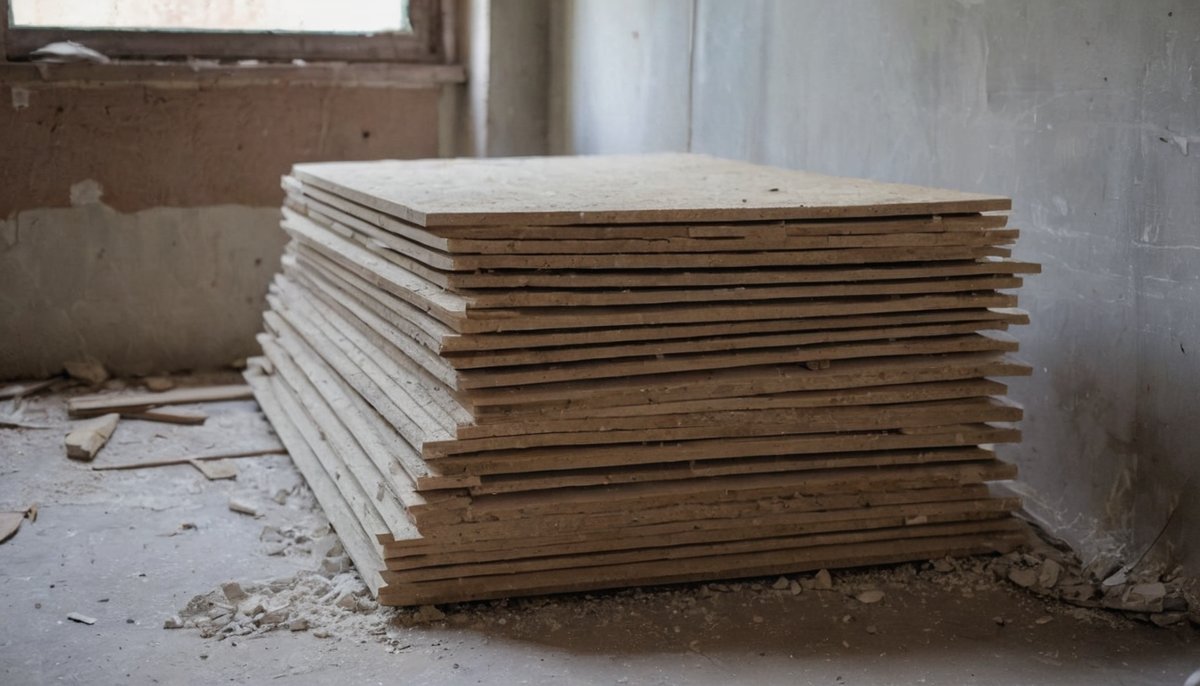 Stack of timber offcuts and plasterboard left from a home renovation