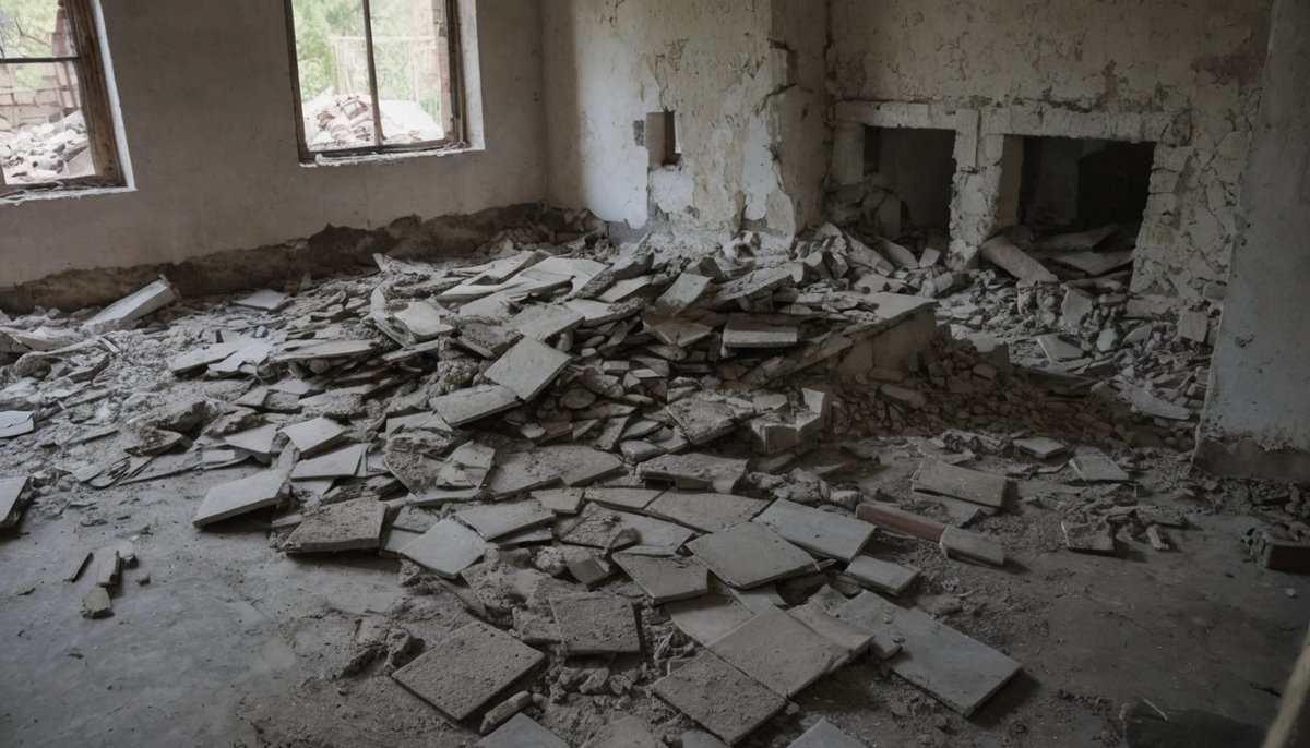 Broken tiles and bathroom strip-out rubble across a renovation floor