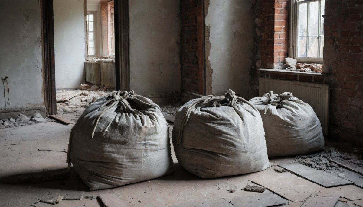 Builders bags of building rubble and debris in a room being renovated