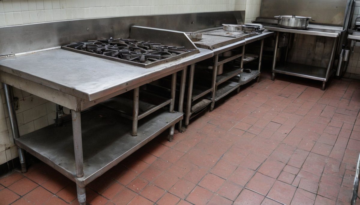Old commercial kitchen equipment and stainless benches removed from a restaurant