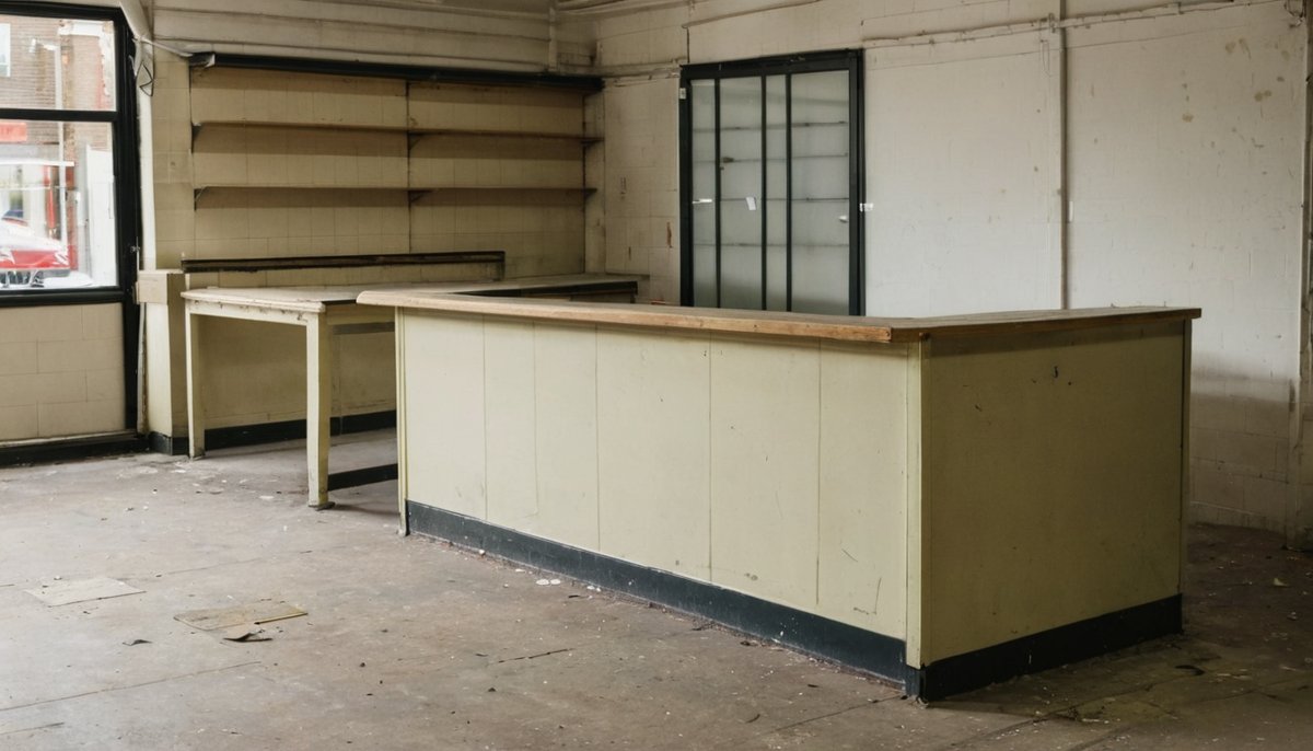 A removed shop counter and shelving during a retail fit-out strip-out