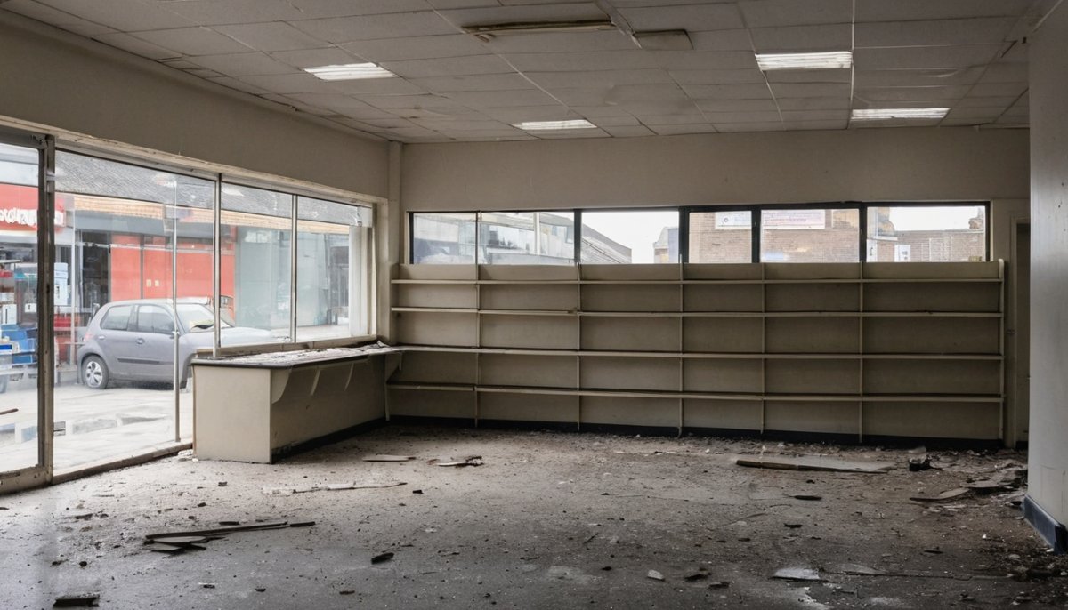 Empty retail shop mid strip-out with old shelving and a counter partly removed